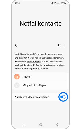 Bildschirm „Notfallkontakte“ mit eingeschaltetem Umschalter „Auf dem Sperrbildschirm anzeigen“.