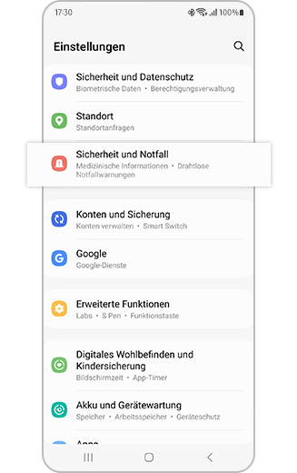 Samsung Galaxy-Einstellungen mit hervorgehobener Option „Sicherheit und Notfall“.