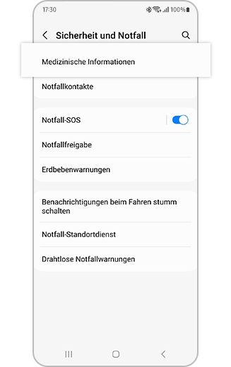 Menü „Sicherheit und Notfall“ mit hervorgehobener Option „Medizinische Informationen“.