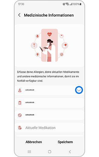 Menü „Medizinische Informationen“ mit hervorgehobener Option „Name“.