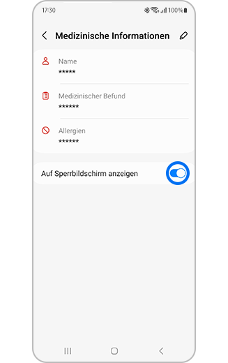 Bildschirm „Medizinische Informationen“ mit eingeschaltetem und hervorgehobenem Umschalter „Auf dem Sperrbildschirm anzeigen“.