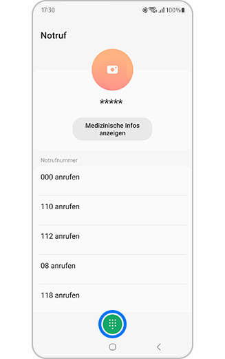 Samsung Galaxy-Bildschirm „Notruf“ mit Schnellzugriffen auf Notrufnummen und Wähltastatur-Symbol.