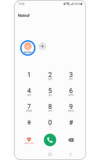 Galaxy-Wähltastatur mit im Symbolformat angezeigten Notfallkontakten.