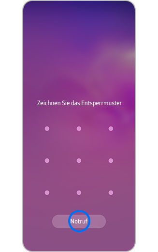 Samsung Galaxy-Entsperrbildschirm und Notruf-Symbol.