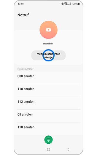 Samsung Galaxy-Bildschirm „Notfallkontakte“ mit der Option, medizinische Informationen anzuzeigen.