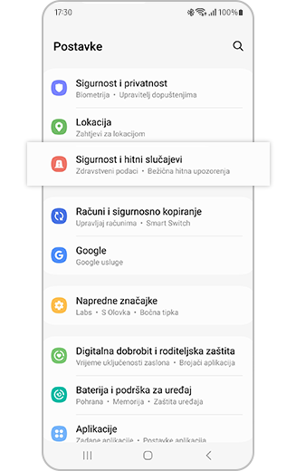 Prikaz postavki telefona Samsung Galaxy s označenom opcijom „Sigurnost i hitni slučajevi”.