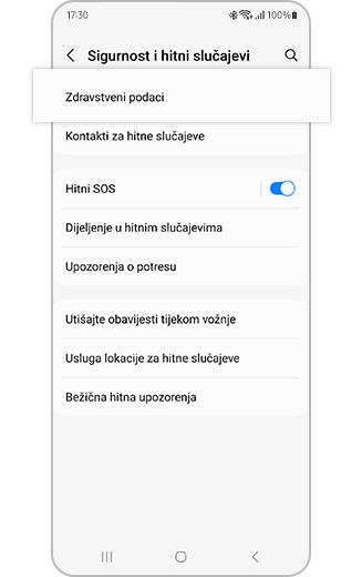 Prikaz izbornika Sigurnost i hitni slučajevi s označenom opcijom „Zdravstveni podaci”.