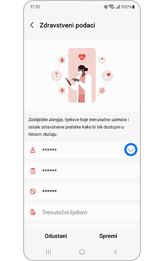 Prikaz izbornika Zdravstveni podaci s označenom opcijom „Ime i prezime”.