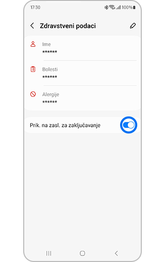 Prikaz zaslona „Zdravstveni podaci” s uključenim i označenim preklopnim gumbom „Prikaži na zaslonu za zaključavanje”.