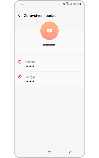 Prikaz zdravstvenih podataka u hitnom slučaju telefona Samsung Galaxy koji su registrirani na uređaju.