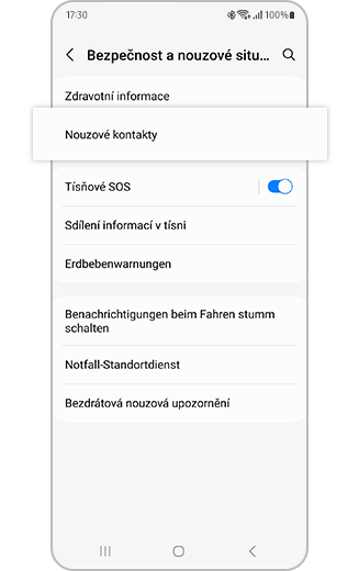 Nabídka „Bezpečnost a nouzové situace“ se zvýrazněnou možností „Nouzové kontakty“.