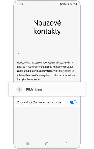 Obrazovka „Nouzové kontakty“ se zvýrazněnou možností „Přidat člena“ a přepínačem „Zobrazit na zamykací obrazovce“.