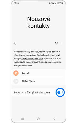 Obrazovka „Nouzové kontakty“ se zvýrazněným přepínačem „Zobrazit na zamykací obrazovce“.