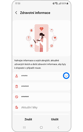 Nabídka „Zdravotní informace“ se zvýrazněnou položkou „Jméno“.