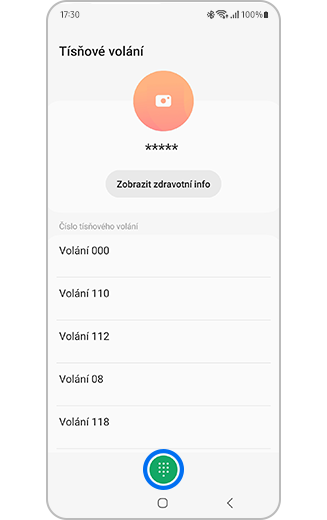 Obrazovka Tísňové volání na zařízení Samsung Galaxy se zkratkami k nouzovým kontaktům a ikonou Číselné klávesnice.