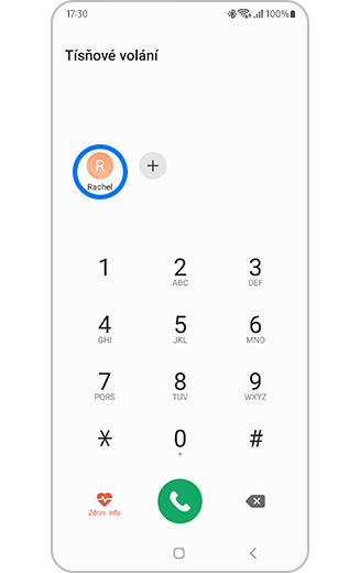 Číselná klávesnice Galaxy s nouzovými kontakty v podobě ikon.