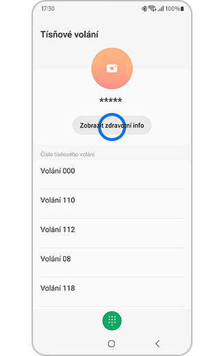 Obrazovka s nouzovými kontakty u zařízení Samsung Galaxy s možností zobrazit zdravotní informace.