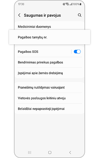 Saugos ir avarinių situacijų meniu vaizdas su paryškinta parinktimi "Pagalbos tamybų nr.".