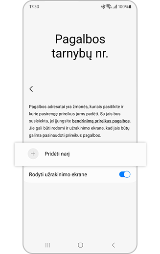 Skubios pagalbos kontaktų ekrano vaizdas su paryškinta parinktimi "Pridėti narį" ir perjungimo mygtuku "Rodyti užrakintame ekrane".