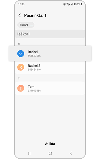 Kontaktų sąrašo peržiūra ir galimybė pasirinkti skubios pagalbos kontaktą.