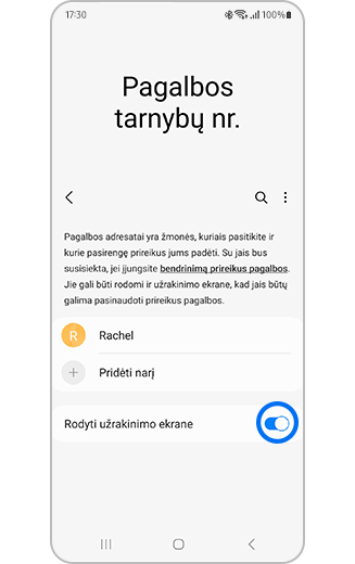 Ekrano "Avariniai kontaktai" vaizdas su įjungtu perjungimo mygtuku "Rodyti užrakinimo ekrane".