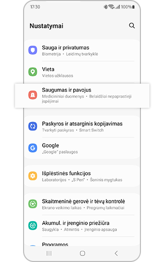 "Samsung Galaxy" nustatymų vaizdas su paryškinta parinktimi "Saugumus ir pavojus".