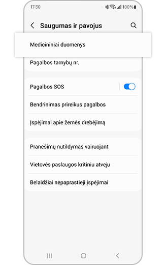 Saugos ir avarinių situacijų meniu vaizdas su paryškinta parinktimi "Medicininiai duomenys".