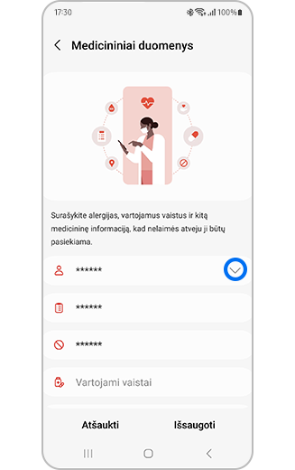 Medicininės informacijos meniu vaizdas su paryškinta parinktimi "Vardas".