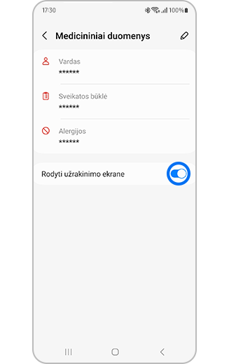 Ekrano "Medicininė informacija" vaizdas su įjungtu ir paryškintu perjungimo mygtuku "Rodyti užrakinimo ekrane".