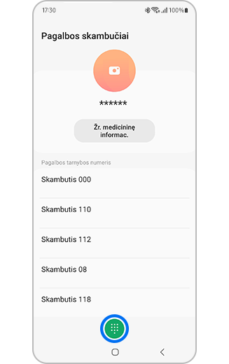 "Samsung Galaxy" skubios pagalbos iškvietimo ekrano vaizdas su skubios pagalbos numerių nuorodomis ir ciferblato piktograma.