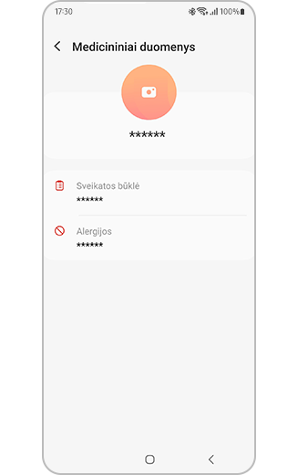 Prietaise užregistruotos "Samsung Galaxy" skubios medicinos informacijos vaizdas.