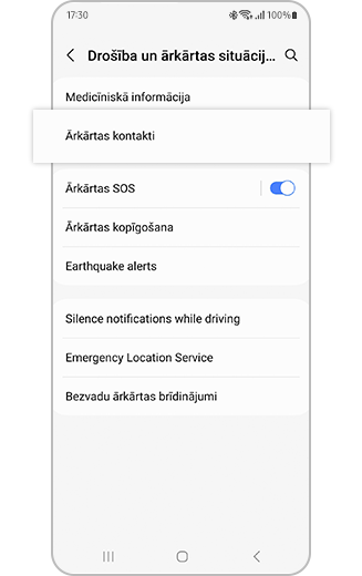 Drošības un ārkārtas situāciju izvēlnes skats ar izceltu opciju "Arkārtis kontakti".