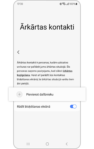 Skats uz avārijas kontaktpersonu ekrānu ar izceltu opciju "Pievienot dalībnieku" un pārslēgšanas pogu pozīcijā" parādīt bloķēšanas ekrānā".