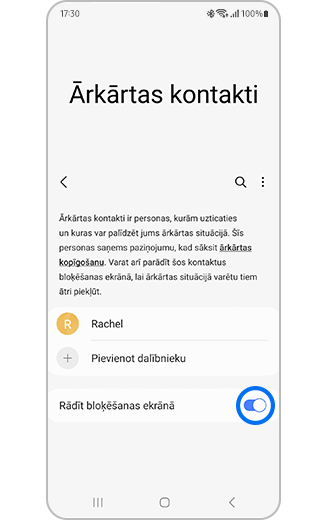 Ekrāna “Ārkārtas kontaktpersonas” skats ar ieslēgtu pārslēgšanas pogu “Rādīt bloķēšanas ekrānā”.