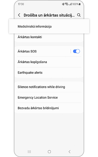 Drošības un ārkārtas situāciju izvēlnes skats ar izceltu opciju "Medicīniskā informācija".