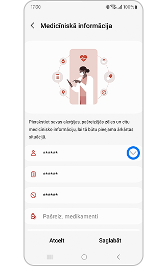 Medicīniskās informācijas izvēlnes skats ar iezīmētu opciju “Vārds, Uzvārds”.