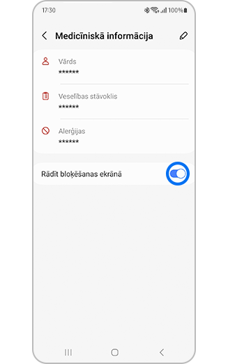 Ekrāna “Medicīnas informācija” skats ar ieslēgtu un iezīmētu pārslēgšanas pogu “Rādīt bloķēšanas ekrānā”.