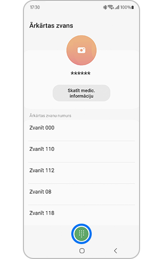 Samsung Galaxy avārijas zvanu ekrāna skats ar saīsnēm uz ārkārtas numuriem un sastādīšanas tastatūras ikonu.