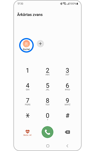 Skats uz Galaxy cipartastatūru ar avārijas kontaktpersonām, kas pieejamas kā ikonas.