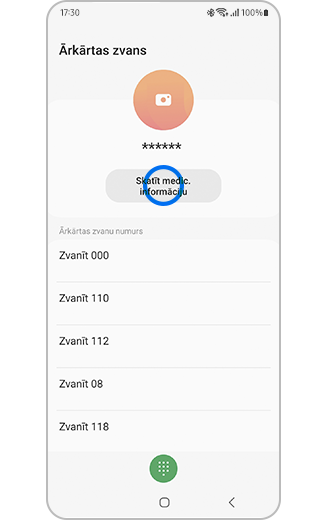 Samsung Galaxy avārijas kontaktpersonu ekrāna skats ar iespēju skatīt medicīnisko informāciju.