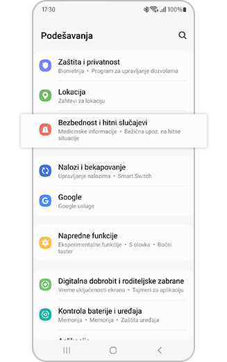 Prikaz podešavanja telefona Samsung Galaxy sa istaknutnom opcijom „Bezbednost i hitni pozivi” .