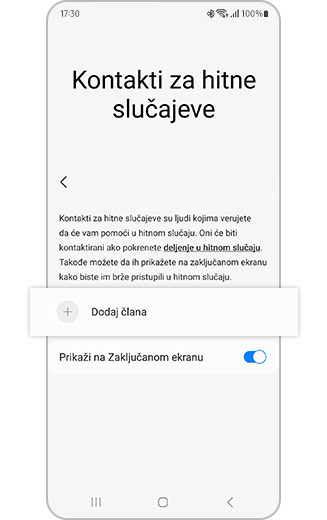 Prikaz ekrana Hitni kontakti s istaknutom opcijom „Dodaj člana” i dugmetom za uključivanje za „prikaz na zaključanom ekranu”.