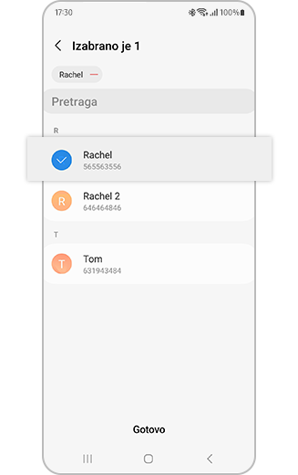Prikaz liste kontakata i opcije za biranje hitnog kontakta.