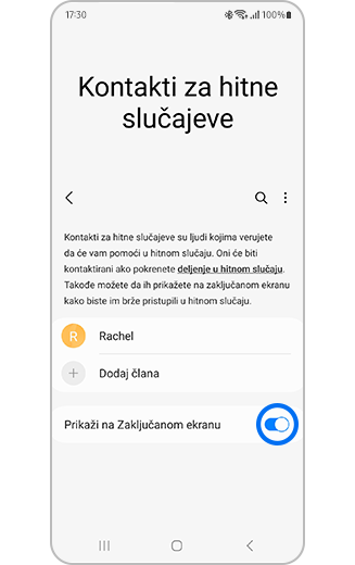 Prikaz ekrana „Hitni kontakti” sa uključenim dugmetom „Prikaži na zaključanom ekranu”.
