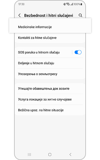 Prikaz menija Bezbednost i hitni pozivi s istaknutnom opcijom „Medicinske informacije” .