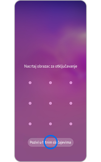 Prikaz Samsung Galaxy ekrana za otključavanje i ikone za hitne pozive.