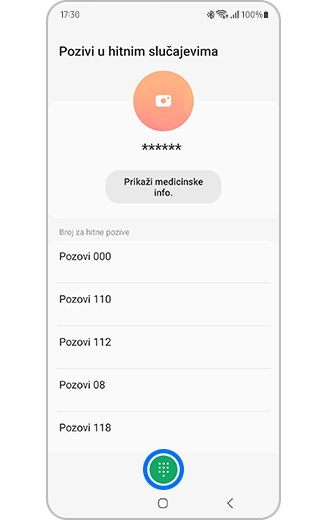 Prikaz ekrana za hitne pozive na uređaju Samsung Galaxy sa prečicama do hitnih brojeva i ikonom numeričke tastature.