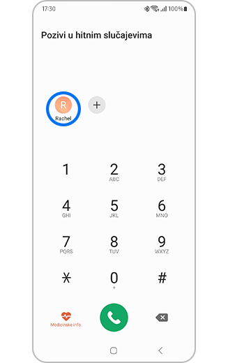 Prikaz Galaxy numeričke tastature s hitnim kontaktima dostupnim kao ikone.