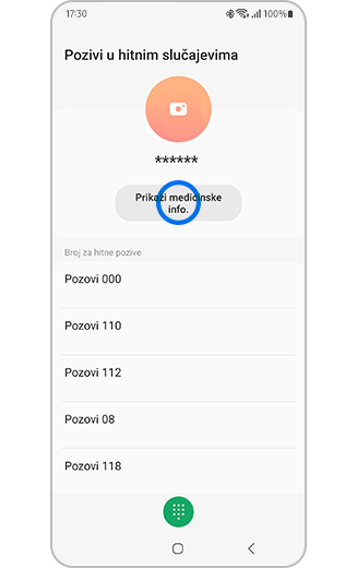 Prikaz Samsung Galaxy ekrana za otključavanje i ikone za hitne pozive.