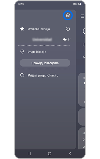 Prikaz Postavki widgeta za Vremensku prognozu s označenom ikonom za postavke.
